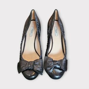 Prada Ruched Black Leather Round Toe Bow Embellished Heels